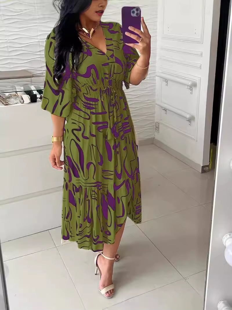 Summer Bohemian Women Print Midi Dress – V-Neck, Half Sleeve, High Elastic Waist A-Line Dress